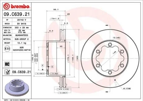 Гальмівний диск для Volkswagen BREMBO 09.C639.21 фото товару