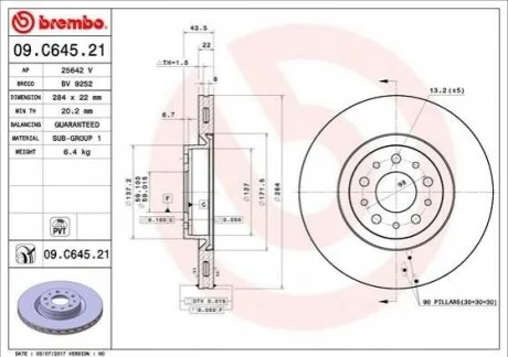 Диск гальмівний для Lancia, Alfa Romeo, Opel, Fiat BREMBO 09.C645.21 фото товару
