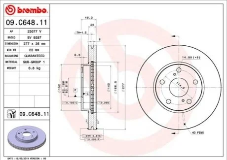 Тормозной диск для Toyota BREMBO 09.C648.11 фото товара