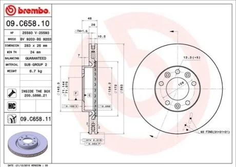 Гальмівний диск для Peugeot BREMBO 09.C658.11 фото товару