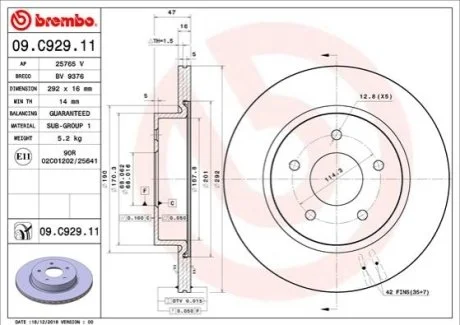 Гальмівний диск для Nissan, Renault BREMBO 09.C929.11 фото товару