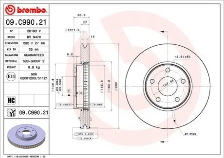 Гальмівний диск для BREMBO 09.C990.21 фото товару
