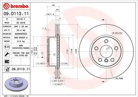 Тормозной диск для BMW BREMBO 09.D113.11 фото товара