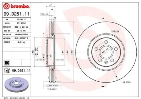 Гальмівний диск для Volvo BREMBO 09.D251.11 фото товару