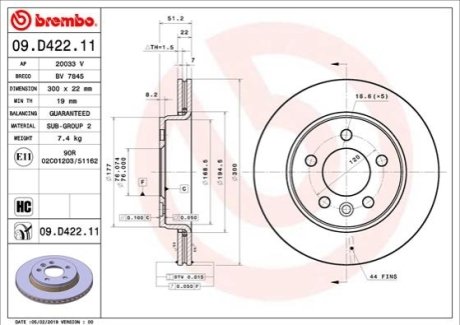 Тормозной диск BREMBO 09.D422.11 фото товара