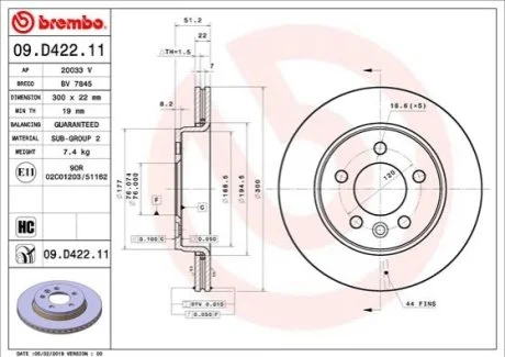Гальмівний диск для Volkswagen BREMBO 09.D422.11 фото товару