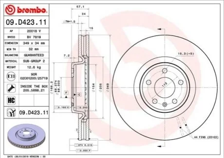Гальмівний диск для Volkswagen, Audi BREMBO 09.D423.11 фото товару