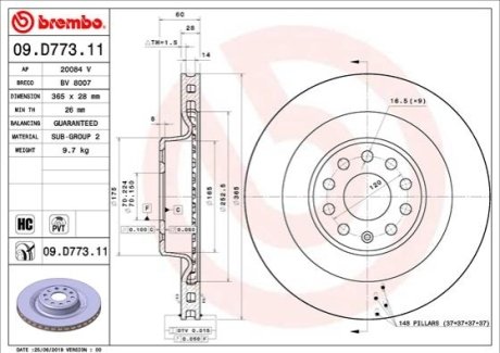 Купить Тормозной диск BREMBO 09.D773.11 по низкой цене в Украине (фото 1)