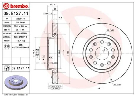 Гальмівний диск для BREMBO 09.E127.11 фото товару