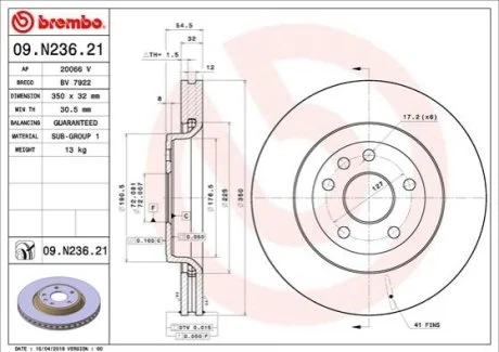 Гальмівний диск для Dodge, Jeep BREMBO 09.N236.21 фото товару