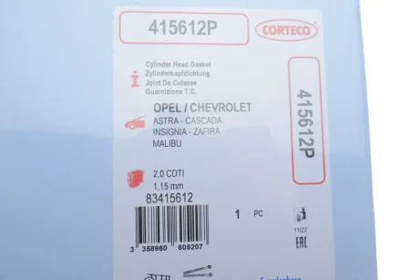 Прокладка головки блоку циліндрів для Alfa Romeo, Vauxhall, Opel, Jeep, Lancia CORTECO 415612P фото товару