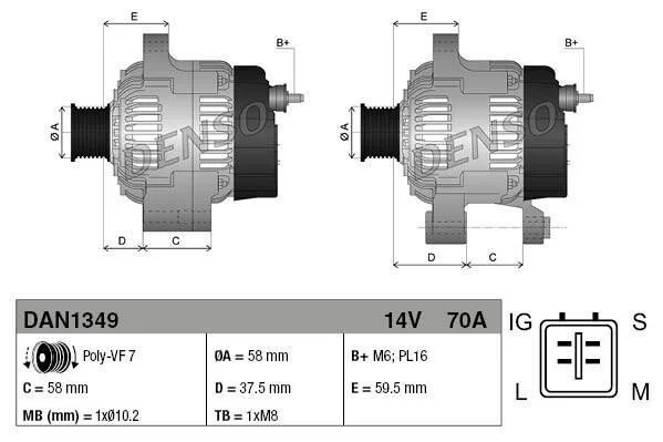 <strong>Генератор (14В, 70А, новий із заставою) TOYOTA DYNA, HIACE IV, HILUX VI, HILUX VII, LAND CRUISER 90, LAND CRUISER PRADO 2.5D/3.0D 08.00- DENSO DAN1349 (фото 1)</strong>