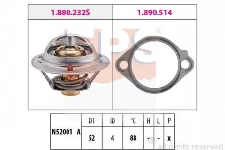 Термостат 88°C Honda Civic I Kia Sephia, Shuma, Shuma II Mazda 121 I, 121 II, 323 C V, 323 F V, 323 F VI, 323 II 1.1-3.0 05.80-12.07 для Hyundai, KIA, Chrysler EPS 1.880.232 фото товару