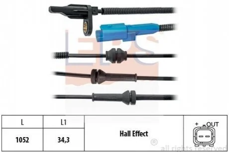 Датчик ABS передн. С3 ||, C3 Picasso, C4 Cactus, DS3 для Citroen, Peugeot, DS EPS 1.960.025 фото товару