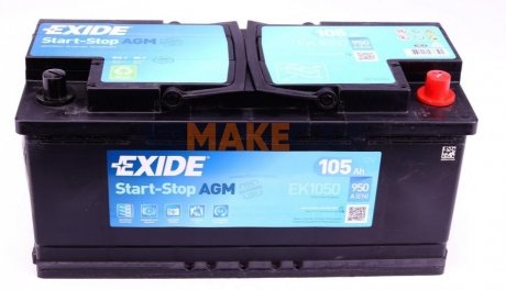 Аккумулятор START-STOP AGM 12V/105Ah/950A (R+) (392х175х190) EXIDE EK1050 (фото 1)