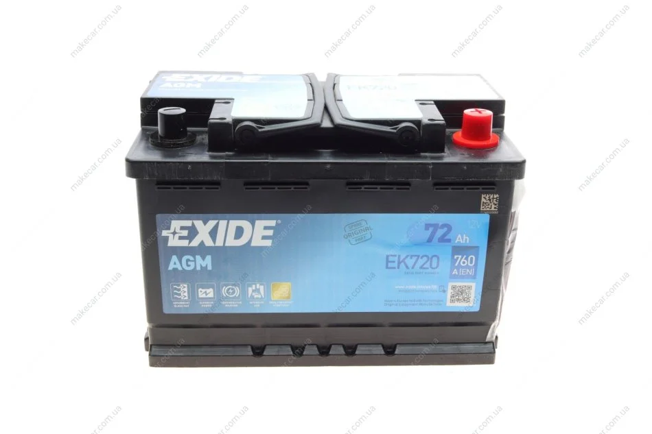 <strong>АКБ 6СТ-72 R+ (пт760) (необслуж) AGM Exide (Start/Stop) EXIDE EK720 (фото 1)</strong>