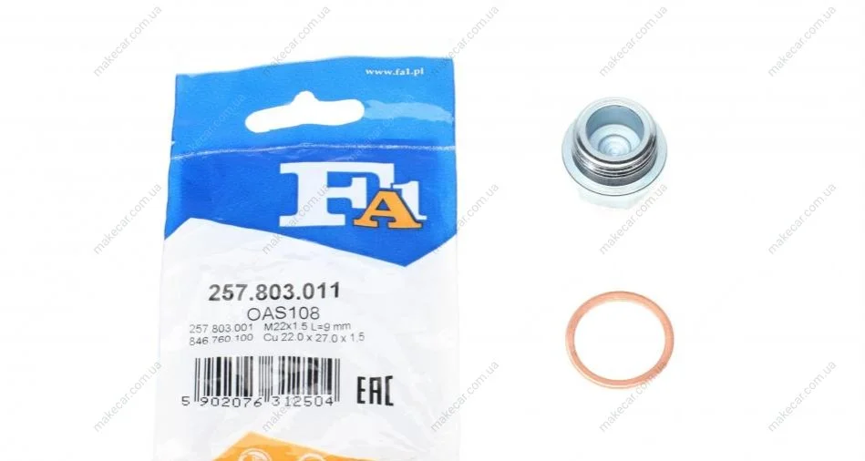 <strong>FISCHER OPEL Масляная пробка + шайба M22x1.5 L=9 SW22 ARENA Combi 2.5 D 98-, MOVANO A 2.5 98-, FORD, RENAULT FA1 257.803.011 (фото 1)</strong>