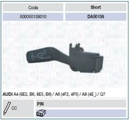 <strong>Перемикач на рульової колонці AUDI A4 1.6,1.8,1.9,2.0,2.4,2.5,3.0,S4,A6 2.0,2.4,2.7,3.0,3.2,4.2,A8 3.0,3.2,3.7,4.0,4.2,6.0,Q7 3.0, [00005013 MAGNETI MARELLI 000050139010 (фото 1)</strong>
