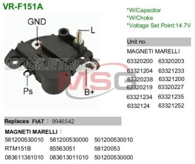 Регулятор напруги генератора для MOBILETRON VRF151A фото товару