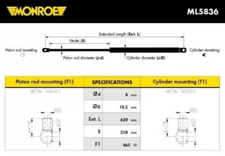 Газова пружина, кришка багажника для MONROE ML5836 фото товару