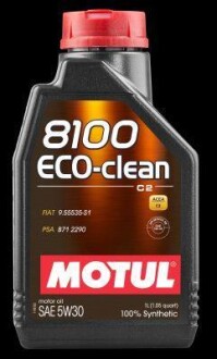 1л 8100 Eco-clean 5W-30 Олива синтетична C2, SN, FIAT 9.55535-S1, PSA B71 2290, HONDA, SUBARU, TOYOTA MOTUL 101542 фото товару