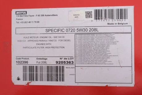 Олива Specific 0720 SAE 5W30 208 L для Renault, Dacia, Nissan, Mitsubishi, Fiat MOTUL 102396 фото товару
