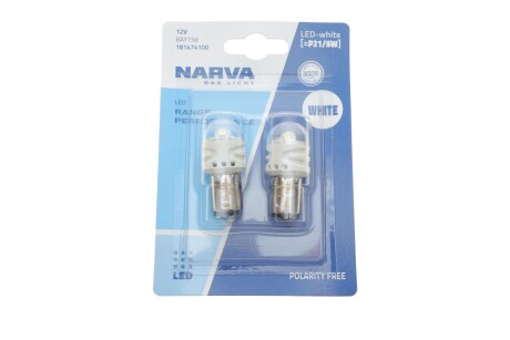 Лампа світлодіодна P21/5W white LED Range Performance 2.4/0.48W BAY15D (блістер 2шт) NARVA 181474100 фото товару