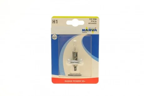 Лампа галогенна H1 12V 55W P14.5S RANGE POWER 50 для Fiat, Nissan, Citroen, Alpina, Ford NARVA 483344000 фото товару