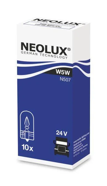 <strong>Лампочка допоміжна, 10шт, W5W, 24В, max. 5Вт, тип гнізда W2,1X9,5D NEOLUX NLX507K10SZT (фото 1)</strong>