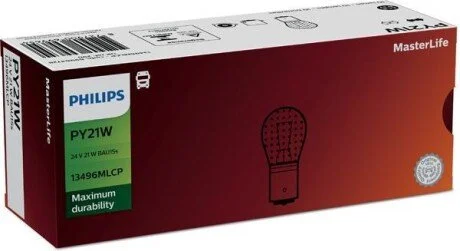 Лампа (картон 10шт) PY21W 24В 21Вт BAU15S основна лампа Masterlife, Помаранчевий для PHILIPS 13496MLCP фото товару
