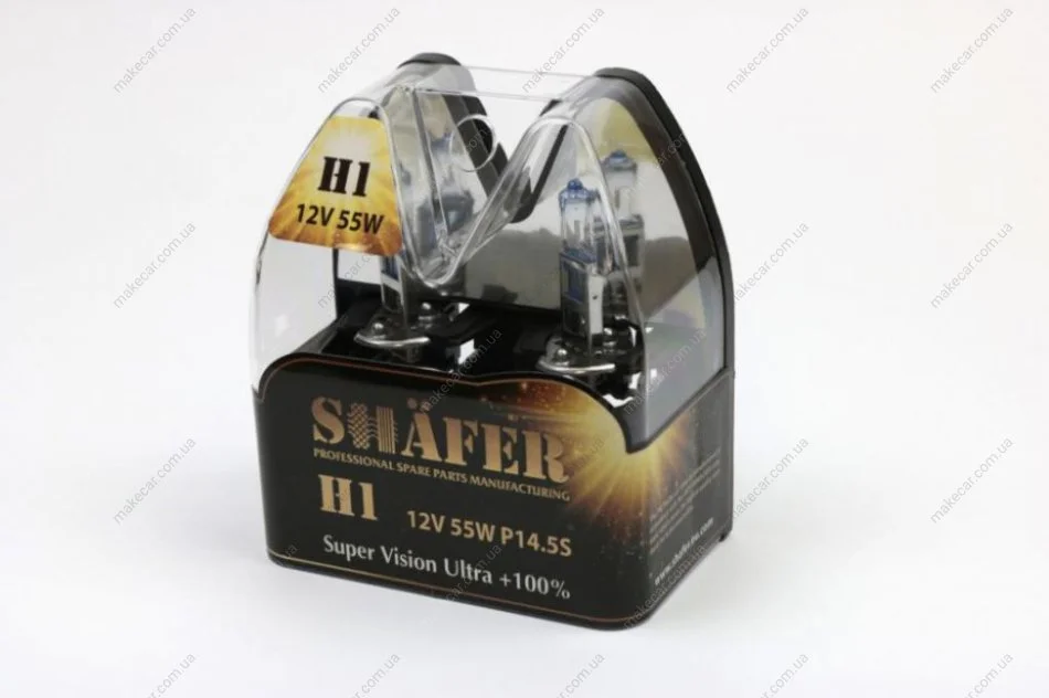<strong>Лампа галогенова H1 12V55W P14.5S Super Vision Ultra +100% (комплект, пластиковий бокс 2шт)) SHAFER SL3001 (фото 1)</strong>