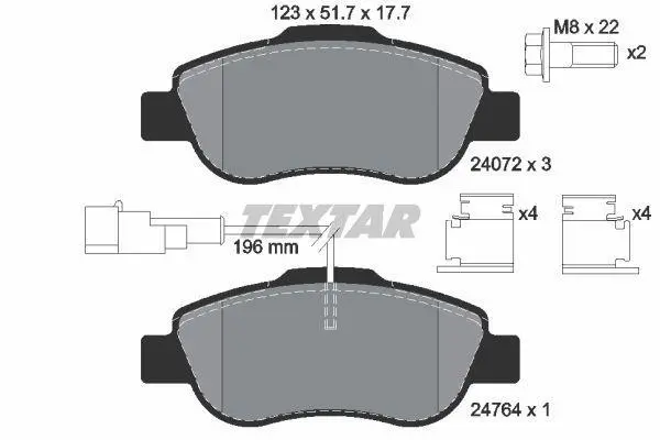 <strong>Комплект гальмівних колодок передн, ABARTH 500 / 595 / 695 FIAT 500, 500 C, GRANDE PUNTO, PANDA, PUNTO EVO FORD KA PEUGEOT BIPPER TEPEE 1.2-1.4D 09.03- TEXTAR 2407202 (фото 1)</strong>