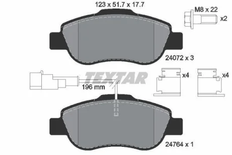 Комплект гальмівних колодок передн, ABARTH 500 / 595 / 695 FIAT 500, 500 C, GRANDE PUNTO, PANDA, PUNTO EVO FORD KA PEUGEOT BIPPER TEPEE 1.2-1.4D 09.03- для TEXTAR 2407202 фото товару