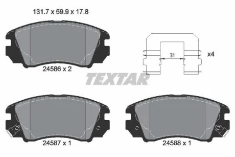 Комплект гальмівних колодок передн, HYUNDAI SONATA V KIA MAGENTIS II 2.0-2.7 01.05-12.10 для TEXTAR 2458601 фото товару