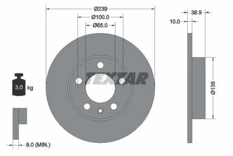 Диск гальмівний задн Лів/Прав VW GOLF III, PASSAT B3/B4 2.9 01.94-04.99 для TEXTAR 92088700 фото товару