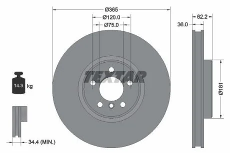 Диск гальмівний передн Лів/Прав BMW X5 (E70), X5 (F15, F85), X6 (E71, E72), X6 (F16, F86) 3.0-4.8 10.06-07.19 для BMW TEXTAR 92161003 фото товару