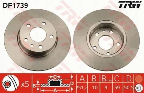 Диск гальмівний для Fiat, Lancia, Alfa Romeo, Peugeot TRW DF1739 фото товару