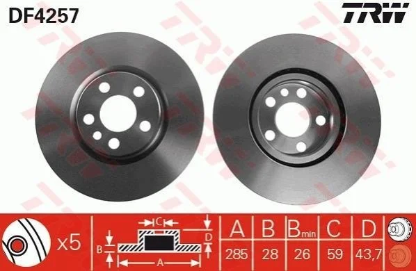 <strong>Диск гальмівний (1 шт.) CITROEN/FIAT/LANCIA/PEUGEOT C8/Jumpy/Scudo/807/Expert F "99>> TRW DF4257 (фото 1)</strong>