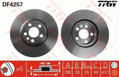 Диск гальмівний (1 шт.) CITROEN/FIAT/LANCIA/PEUGEOT C8/Jumpy/Scudo/807/Expert F "99>> для Peugeot, Lancia, Citroen, Fiat TRW DF4257 фото товару