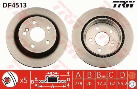 Диск гальмівний (1 шт.) MERCEDES C(W203)/E(S124)/SLK(R171) "R D=278mm "89-11 для Mercedes TRW DF4513 фото товару