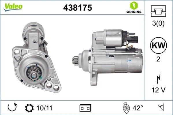 <strong>Стартер (12В, 2кВт, новий із заставою) AUDI A3, TT SEAT ALTEA, ALTEA XL, CORDOBA, IBIZA III, IBIZA IV, IBIZA IV SC, LEON, TOLEDO III SKODA FABIA I, FABIA I PRAKTIK, FABIA II 1.4-2.0D 10.99- VALEO 438175 (фото 1)</strong>