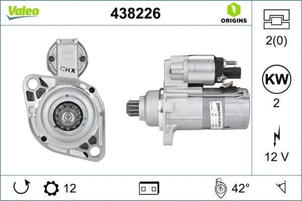 <strong>Стартер (12В, 2кВт, новий) AUDI A1, A3, Q3, TT SEAT ALTEA, ALTEA XL, ATECA, IBIZA IV, IBIZA IV SC, LEON, TOLEDO III SKODA OCTAVIA II, OCTAVIA III, ROOMSTER, SUPERB II, SUPERB III 1.4-2.5 05.03- VALEO 438226 (фото 1)</strong>