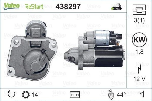 <strong>Стартер (12В, 1,8кВт, новий) DS DS 3 CITROEN C3 II, C4 CACTUS, C-ELYSEE, DS3 PEUGEOT 2008 I, 208 I, 208/HATCHBACK, 301 1.2/1.2LPG 03.12- VALEO 438297 (фото 1)</strong>