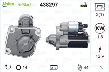 Стартер (12В, 1,8кВт, новий) DS DS 3 CITROEN C3 II, C4 CACTUS, C-ELYSEE, DS3 PEUGEOT 2008 I, 208 I, 208/HATCHBACK, 301 1.2/1.2LPG 03.12- для VALEO 438297 фото товару