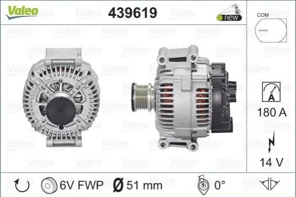 <strong>Генератор (14В, 180А, новий із заставою) MERCEDES SPRINTER 3,5-T (B906), SPRINTER 3-T (B906), SPRINTER 4,6-T (B906), SPRINTER 4-T (B904), SPRINTER 5-T (B906), VIANO (W639) 2.1D-3.5 04.00- VALEO 439619 (фото 1)</strong>