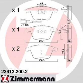 Колодки гальмівні дискові, к-кт для Volkswagen, Audi ZIMMERMANN 23913.200.2 фото товару